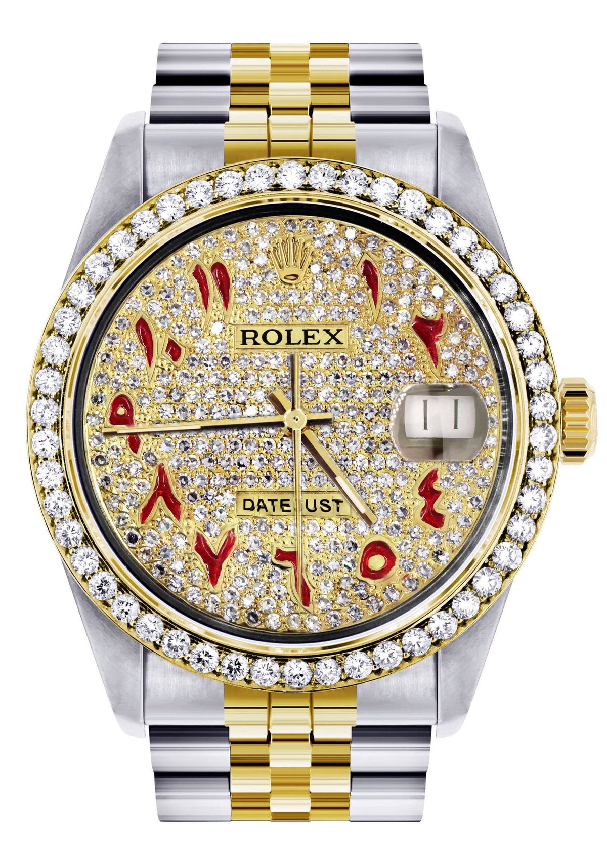 Diamond Gold Rolex Watch For Men 16233 | 36Mm | Custom Red Arabic Full Diamond Dial | Jubilee Band