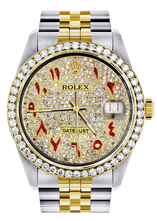Diamond Rolex Datejust Watch 16233 | 36MM | Custom Red Arabic Full Diamond Dial | Stainless Steel | Jubilee Band