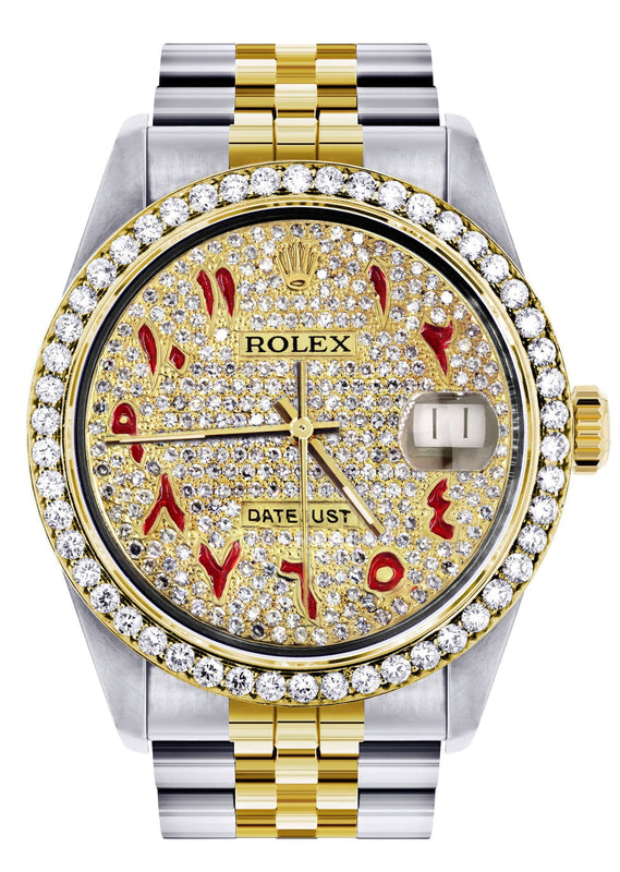Diamond Gold Rolex Watch For Men 16233 | 36Mm | Custom Red Arabic Full Diamond Dial | Jubilee Band