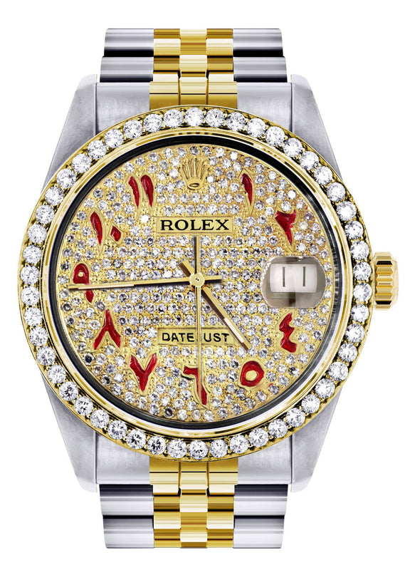 Womens Gold Rolex Watch 16233 | 36Mm | Custom Red Arabic Full Diamond Dial | Jubilee Band