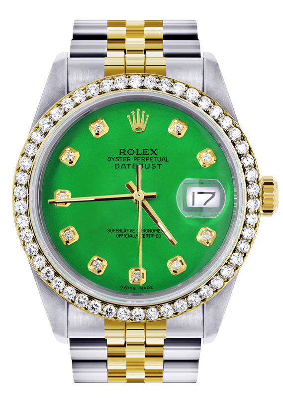 Gold Rolex Datejust Watch 16233 for Men | 36Mm | Green Dial | Jubilee Band