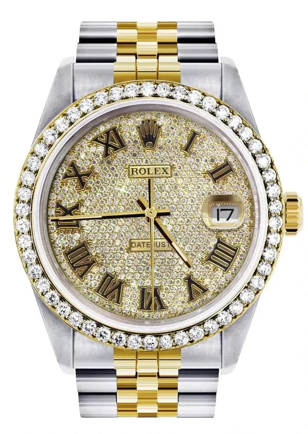 Diamond Gold Rolex Datejust Watch 16233 | 36MM | Full Diamond Roman Dial | Jubilee Band