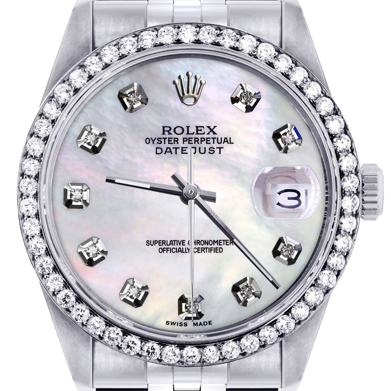 Diamond Mens  Rolex Datejust Watch 16200 | 36Mm | White Mother Of Pearl Dial | Jubilee Band