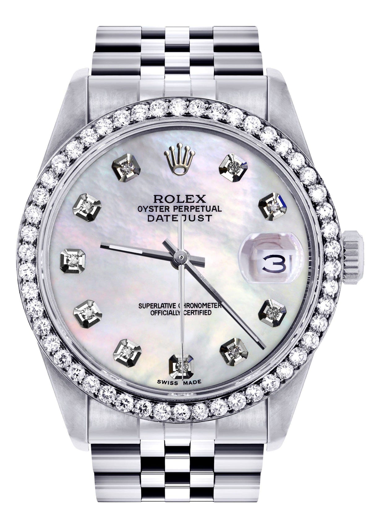 Diamond Mens  Rolex Datejust Watch 16200 | 36Mm | White Mother Of Pearl Dial | Jubilee Band