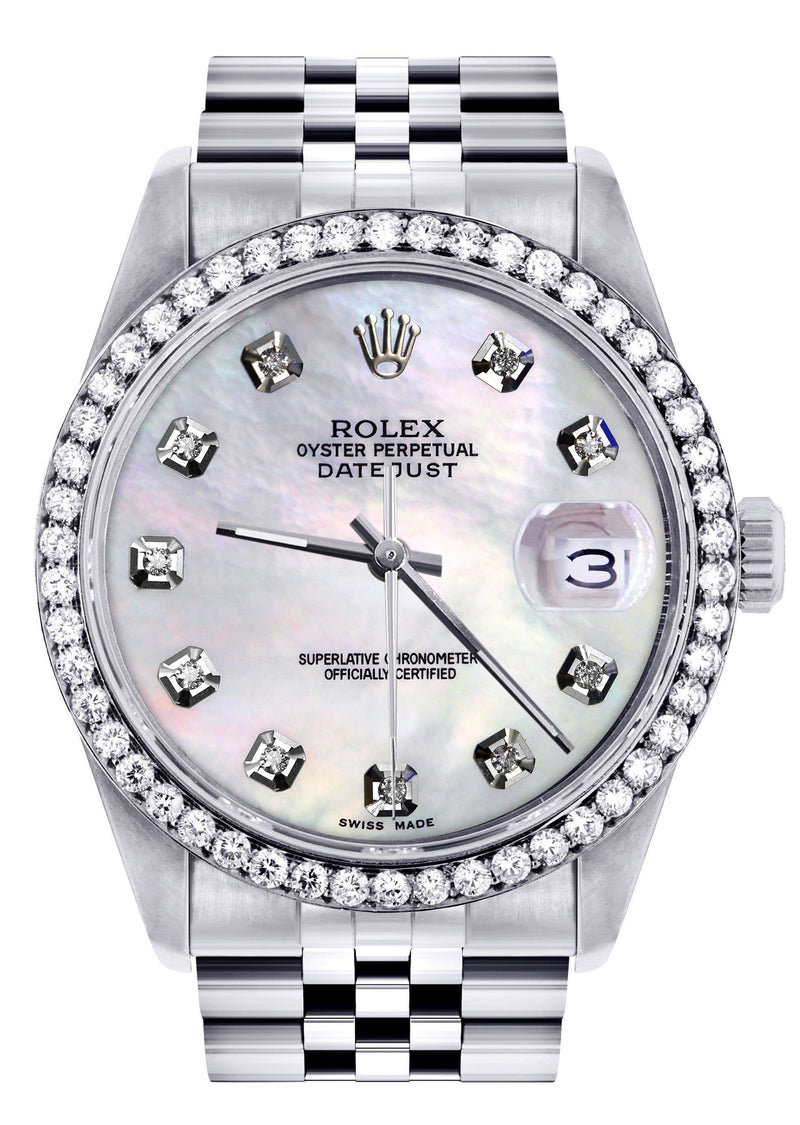 Diamond Mens  Rolex Datejust Watch 16200 | 36Mm | White Mother Of Pearl Dial | Jubilee Band