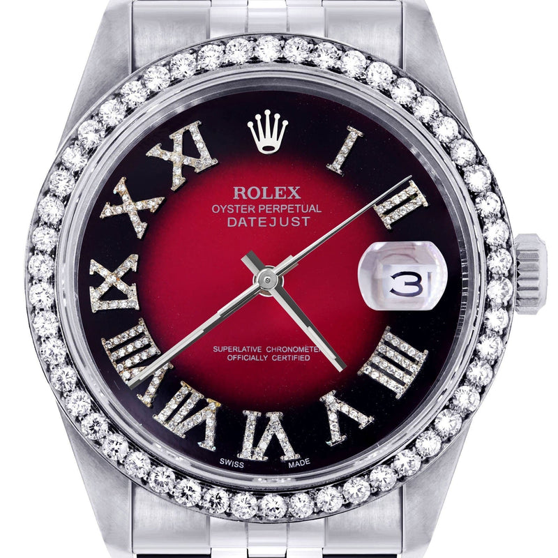 Diamond Mens Rolex Datejust Watch 16200 | 36Mm | Diamond Red Roman Numeral Dial | Jubilee Band