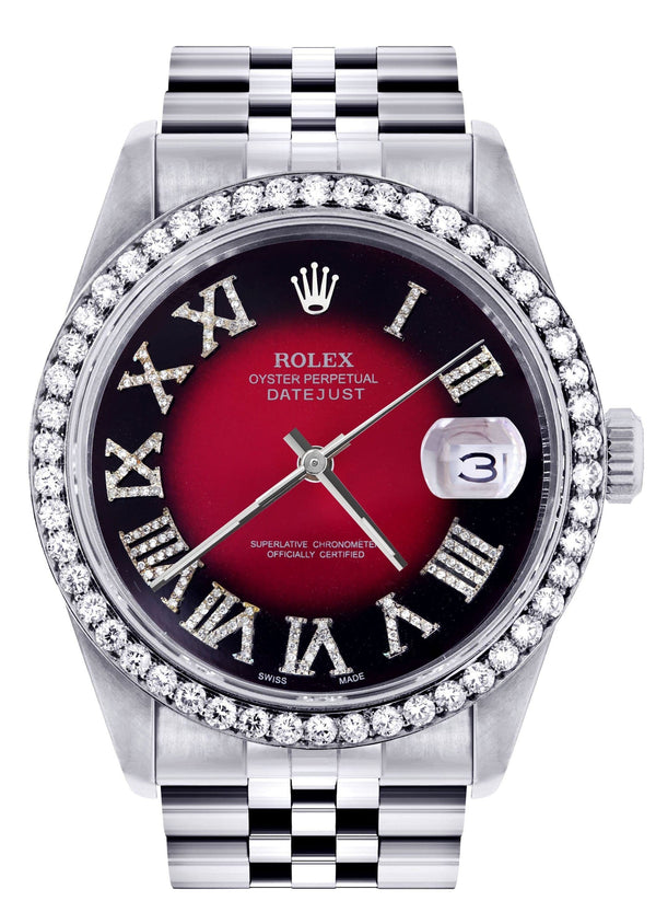 Diamond Mens Rolex Datejust Watch 16200 | 36Mm | Diamond Red Roman Numeral Dial | Jubilee Band