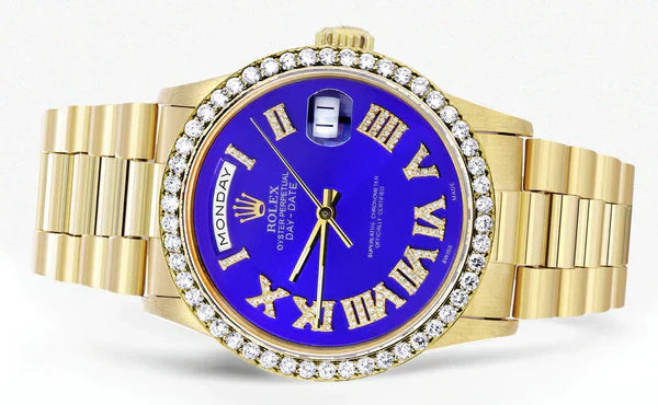 Rolex Day-Date Presidential | Model 18238 | 18K Yellow Gold | 36MM | Diamond Bezel | Blue Roman Diamond Dial