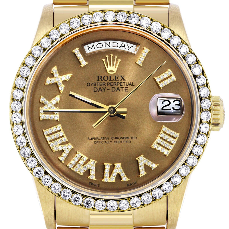 Rolex Day-Date | Presidential | Model 18238 | 18K Yellow Gold | Diamond Bezel | Diamond Roman Chocolate Dial