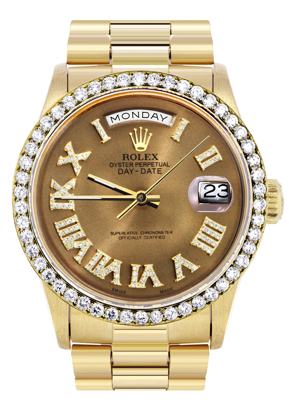 Rolex Day-Date | Presidential | Model 18238 | 18K Yellow Gold | Diamond Bezel | Diamond Roman Chocolate Dial