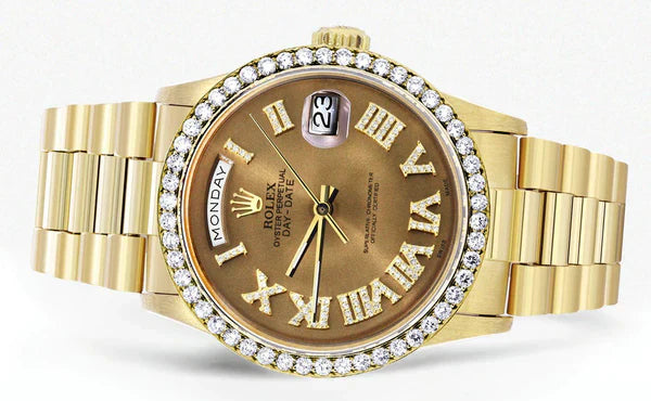 Rolex Day-Date Presidential | Model 18238 | 18K Yellow Gold | 36MM | Diamond Bezel | Diamond Roman Chocolate Dial