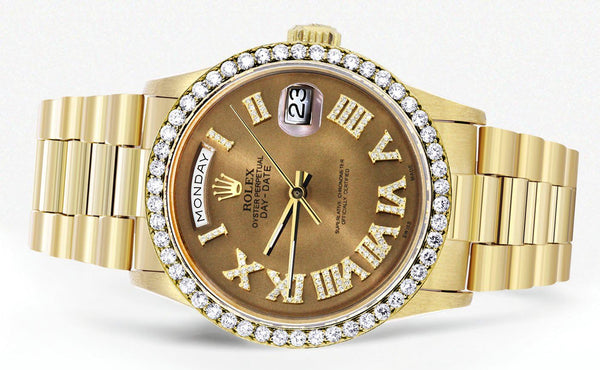 Rolex Day-Date | Presidential | Model 18238 | 18K Yellow Gold | Diamond Bezel | Diamond Roman Chocolate Dial