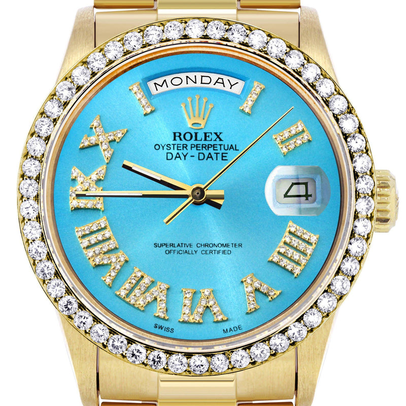 Rolex Day-Date | Presidential | Model 18238 | 18K Yellow Gold | Diamond Bezel | Light Blue Diamond Roman Dial