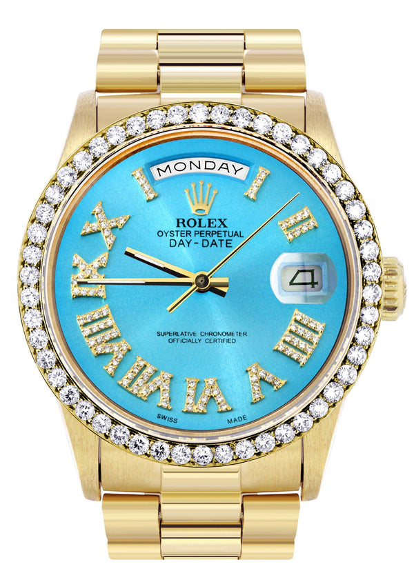 Rolex Day-Date | Presidential | Model 18238 | 18K Yellow Gold | Diamond Bezel | Light Blue Diamond Roman Dial