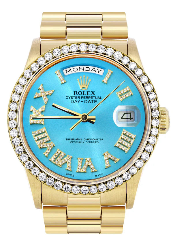 Rolex Day-Date Presidential | Model 18238 | 18K Yellow Gold | 36MM | Diamond Bezel | Light Blue Roman Diamond Dial