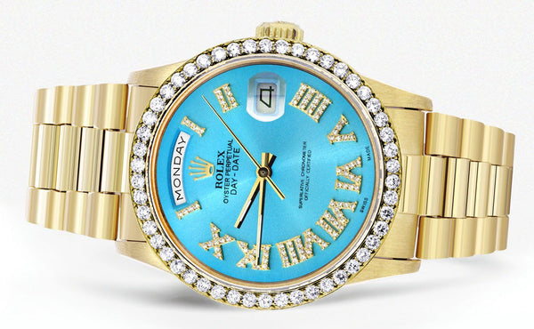 Rolex Day-Date | Presidential | Model 18238 | 18K Yellow Gold | Diamond Bezel | Light Blue Diamond Roman Dial