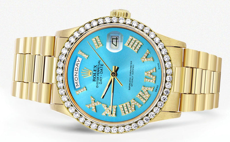 Rolex Day-Date | Presidential | Model 18238 | 18K Yellow Gold | Diamond Bezel | Light Blue Diamond Roman Dial