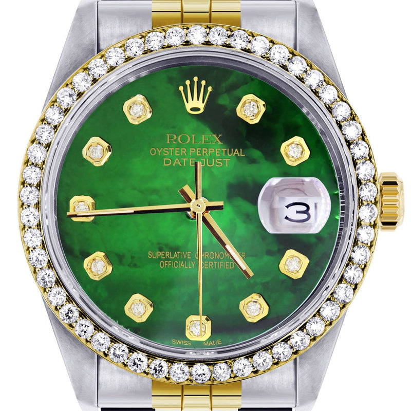 Diamond Rolex Datejust for Men 16233 Two Tone | 36MM | Green Diamond Mother Of Pearl Dial | Jubilee Band