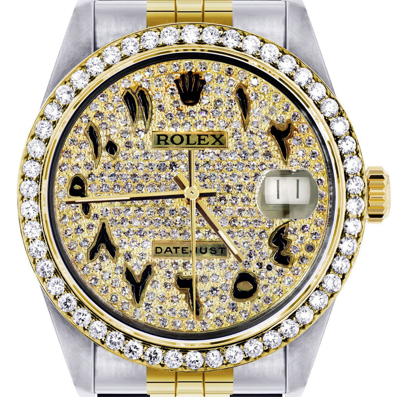 Womens Diamond Gold Rolex Watch 16233 | 36Mm | Black Arabic Full Diamond Dial | Jubilee Band