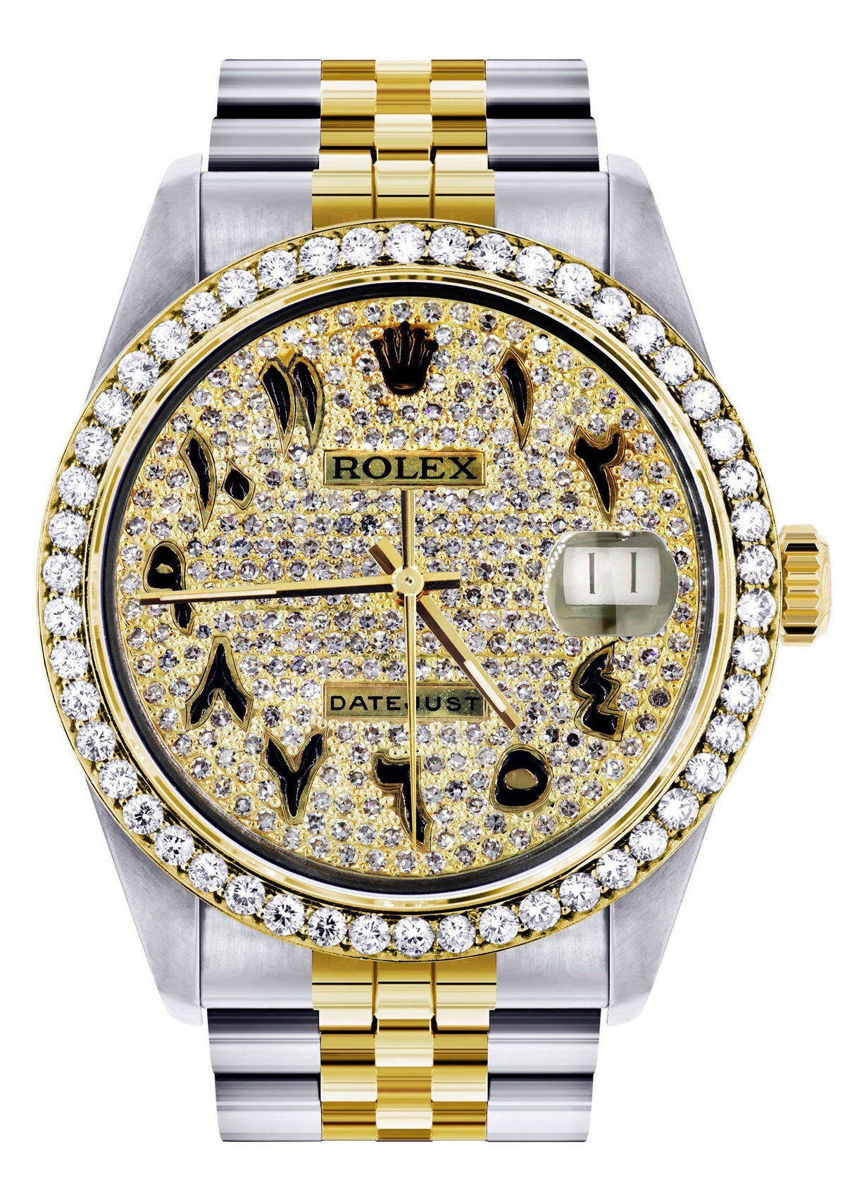 Womens Diamond Gold Rolex Watch 16233 | 36Mm | Black Arabic Full Diamond Dial | Jubilee Band