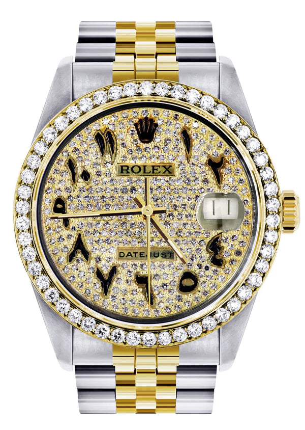 Diamond Gold Rolex Datejust Watch 16233 | 36MM | Black Arabic Full Diamond Dial | Stainless Steel | Jubilee Band