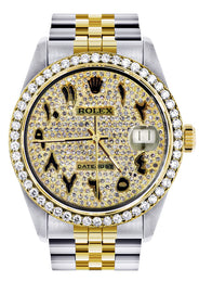 Diamond Gold Rolex Datejust Watch 16233 | 36MM | Black Arabic Full Diamond Dial | Stainless Steel | Jubilee Band
