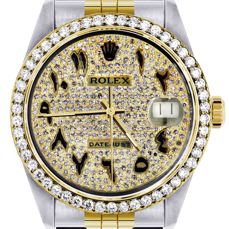Diamond Gold Rolex Watch For Men 16233 | 36Mm | Black Arabic Full Diamond Dial | Jubilee Band