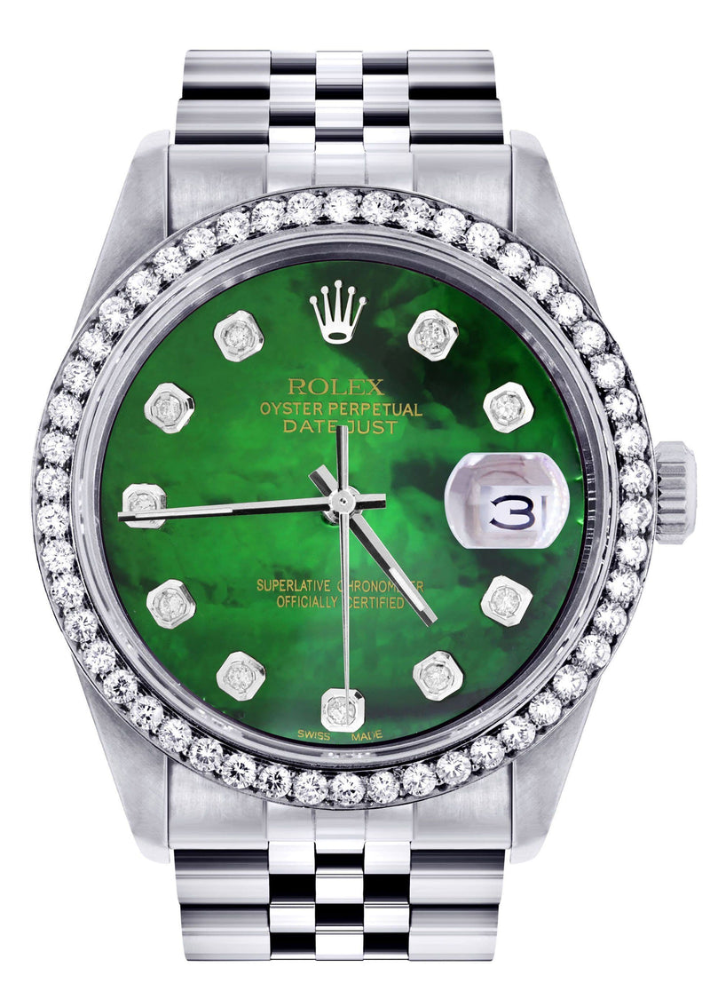 Diamond Mens Rolex Datejust Watch 16200 | 36Mm | Green Diamond Mother Of Pearl Dial | Jubilee Band