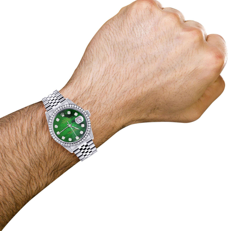 Diamond Mens Rolex Datejust Watch 16200 | 36Mm | Green Diamond Mother Of Pearl Dial | Jubilee Band
