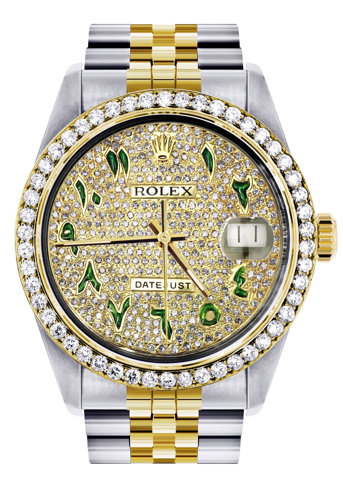 Diamond Gold Rolex Watch For Men 16233 | 36Mm | Custom Green Arabic Full Diamond Dial | Jubilee Band