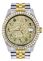Diamond Gold Rolex Watch For Men 16233 | 36Mm | Custom Green Arabic Full Diamond Dial | Jubilee Band