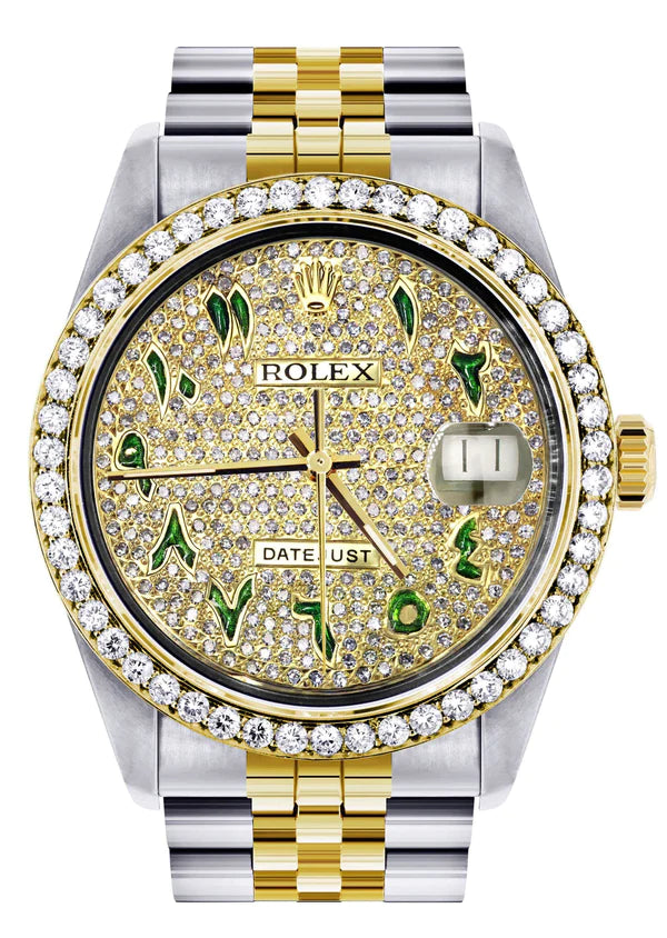 Diamond Gold Rolex Datejust Watch 16233 | 36MM | Custom Green Arabic Full Diamond Dial | Stainless Steel | Jubilee Band