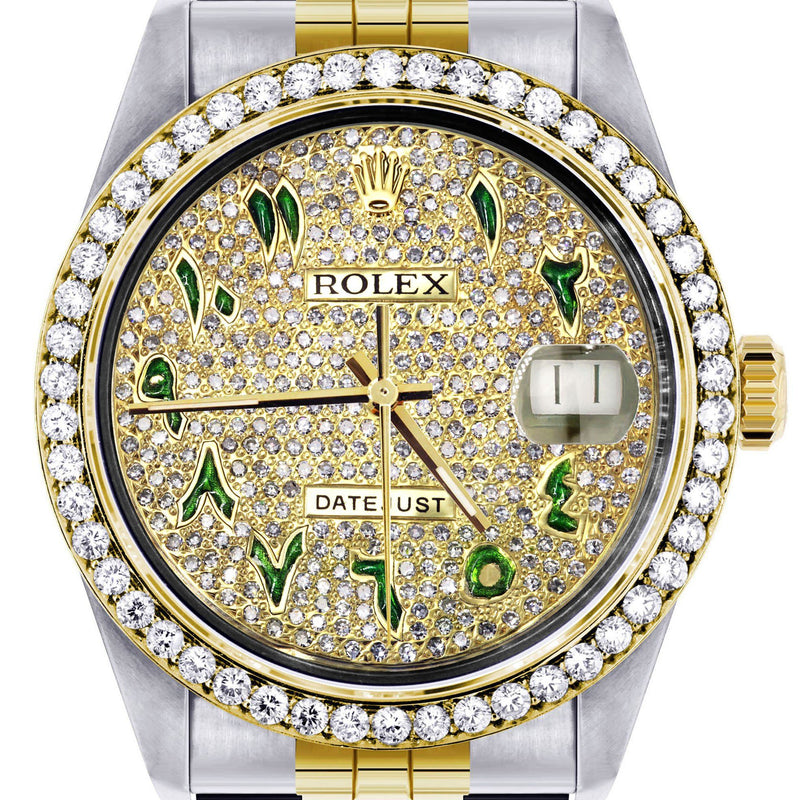 Womens Diamond Gold Rolex Watch 16233 | 36Mm | Custom Green Arabic Full Diamond Dial | Jubilee Band