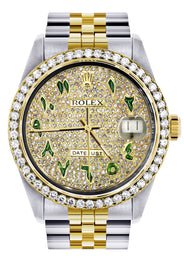 Womens Diamond Gold Rolex Watch 16233 | 36Mm | Custom Green Arabic Full Diamond Dial | Jubilee Band