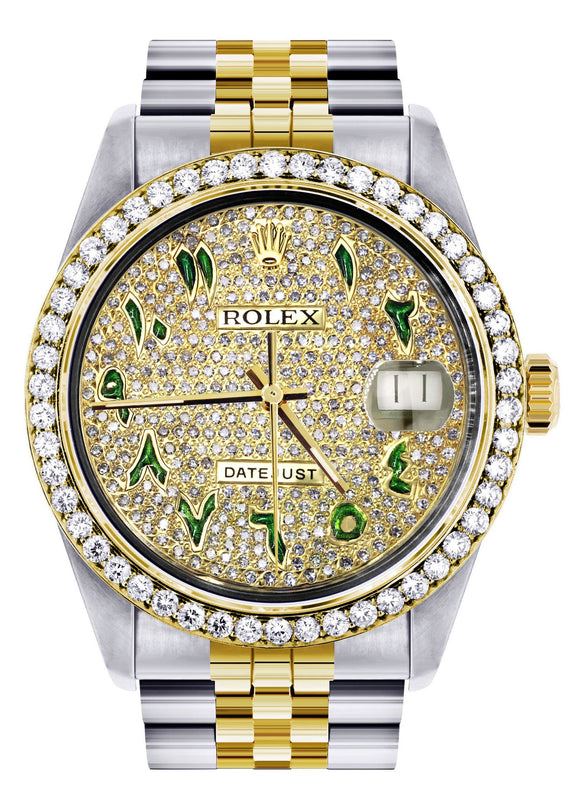 Womens Diamond Gold Rolex Watch 16233 | 36Mm | Custom Green Arabic Full Diamond Dial | Jubilee Band