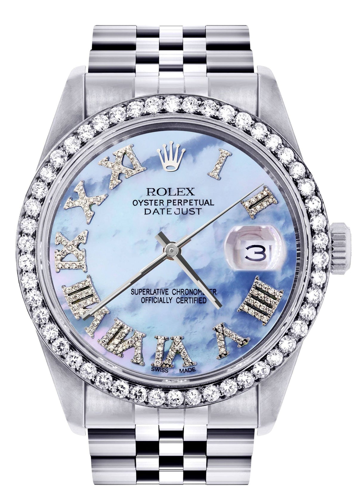 Diamond Mens Rolex Datejust Watch 16200 | 36Mm | Blue Mother Of Pearl Roman Numeral Dial | Jubilee Band