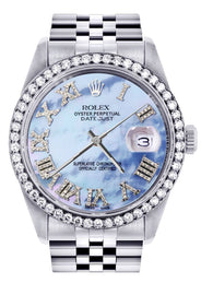 Diamond Mens Rolex Datejust Watch 16200 | 36Mm | Blue Mother Of Pearl Roman Numeral Dial | Jubilee Band
