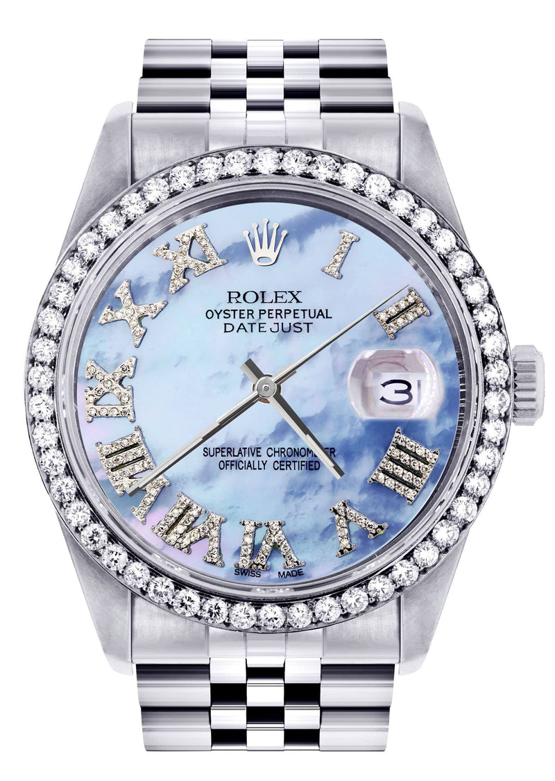 Diamond Mens Rolex Datejust Watch 16200 | 36Mm | Blue Mother Of Pearl Roman Numeral Dial | Jubilee Band