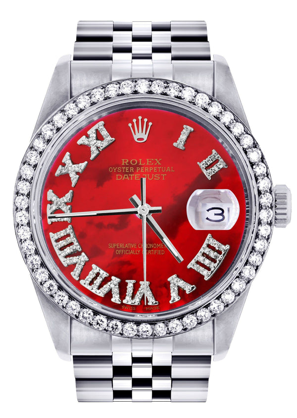 Diamond Mens Rolex Datejust Watch 16200 | 36Mm | Diamond Red Mother Of Pearl Roman Numeral Dial | Jubilee Band