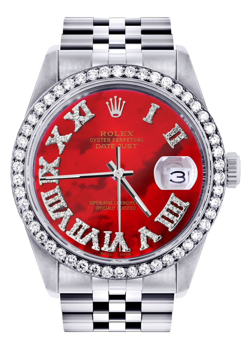 Diamond Mens Rolex Datejust Watch 16200 | 36Mm | Diamond Red Mother Of Pearl Roman Numeral Dial | Jubilee Band