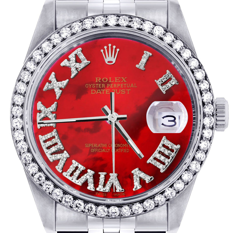 Womens Rolex Datejust Watch 16200 | 36Mm | Diamond Red Mother Of Pearl Roman Numeral Dial | Jubilee Band