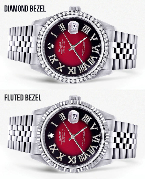 Diamond Mens Rolex Datejust Watch 16200 | 36Mm | Diamond Red Roman Numeral Dial | Jubilee Band