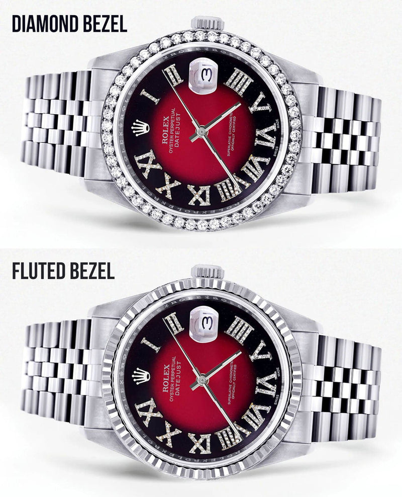 Diamond Mens Rolex Datejust Watch 16200 | 36Mm | Diamond Red Roman Numeral Dial | Jubilee Band