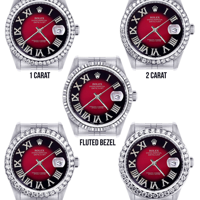 Diamond Mens Rolex Datejust Watch 16200 | 36Mm | Diamond Red Roman Numeral Dial | Jubilee Band