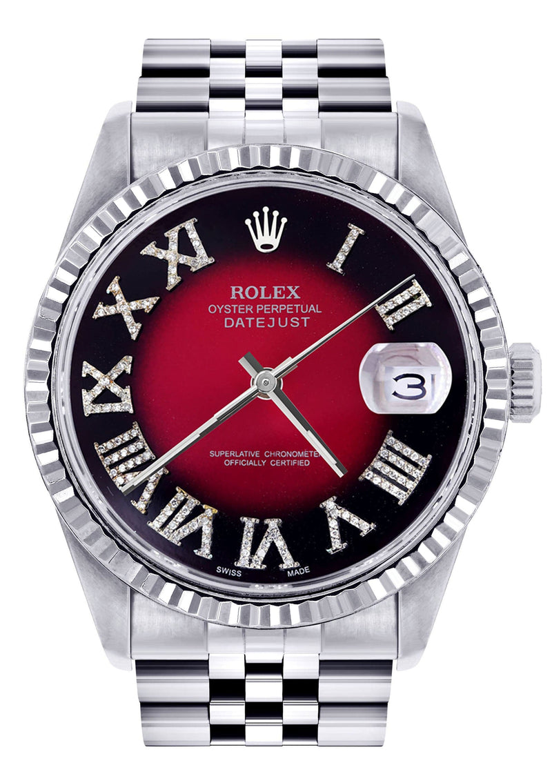 Mens Rolex Datejust Watch 16200 | Fluted Bezel | 36Mm | Red Black Roman Numeral Dial | Jubilee Band