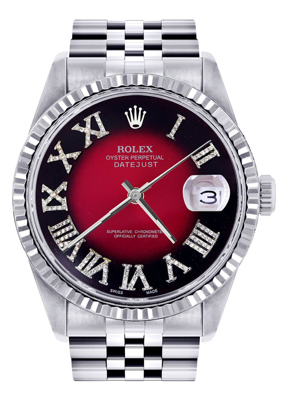 Mens Rolex Datejust Watch 16200 | Fluted Bezel | 36Mm | Red Black Roman Numeral Dial | Jubilee Band