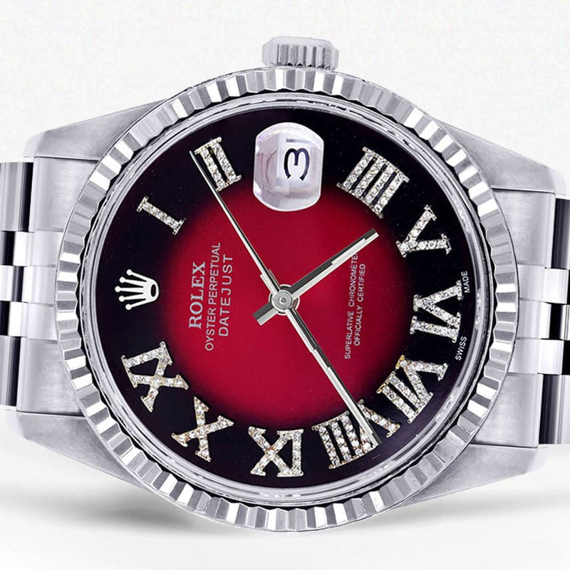 Mens Rolex Datejust Watch 16200 | Fluted Bezel | 36Mm | Red Black Roman Numeral Dial | Jubilee Band