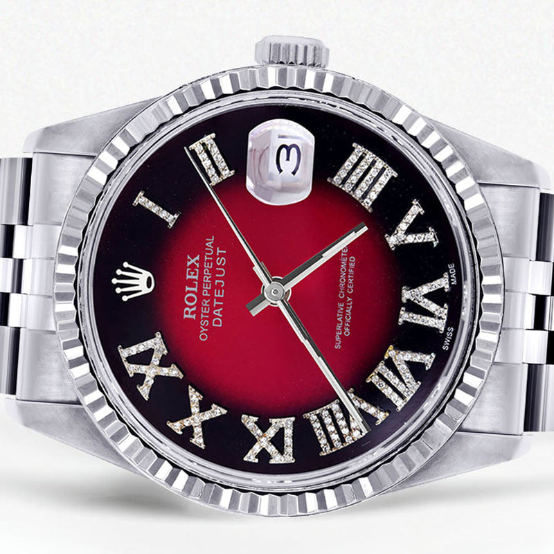 Womens Rolex Datejust Watch 16200  | 36Mm | Red Black Roman Numeral Dial | Fluted Bezel | Jubilee Band