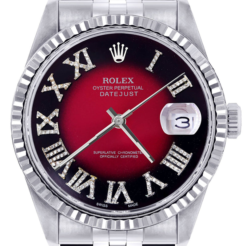 Womens Rolex Datejust Watch 16200  | 36Mm | Red Black Roman Numeral Dial | Fluted Bezel | Jubilee Band