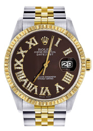 Mens Rolex Datejust Watch 16233 Two Tone | Fluted Bezel | 36Mm | Chocolate Roman Dial | Jubilee Band